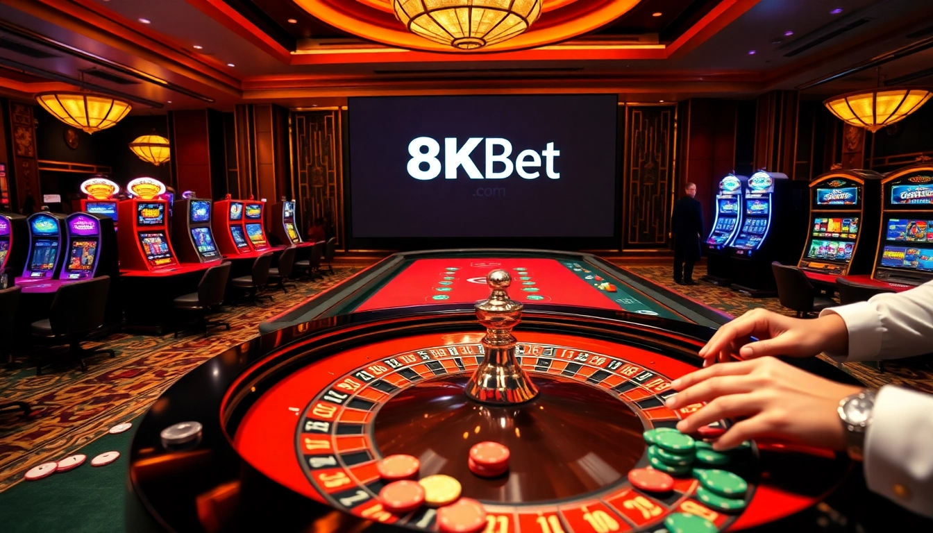 Engaged gamblers enjoy games at 8kbet com casino, showcasing luxury and excitement.