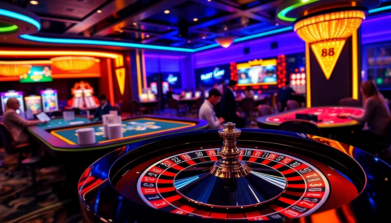 Excited players enjoying a vibrant casino scene featuring RR88 gambling elements.