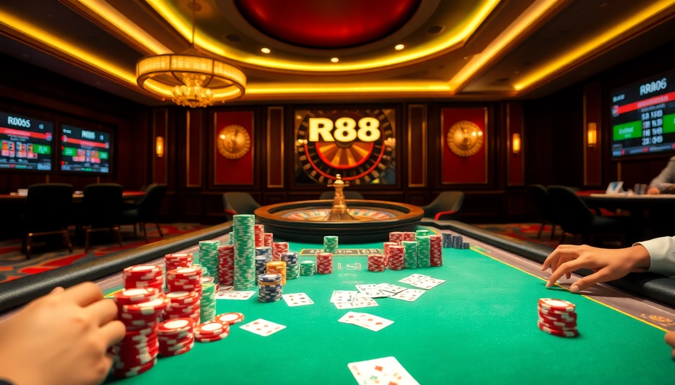Players engaging in high-stakes poker at RR88 casino, showcasing excitement and luxury.