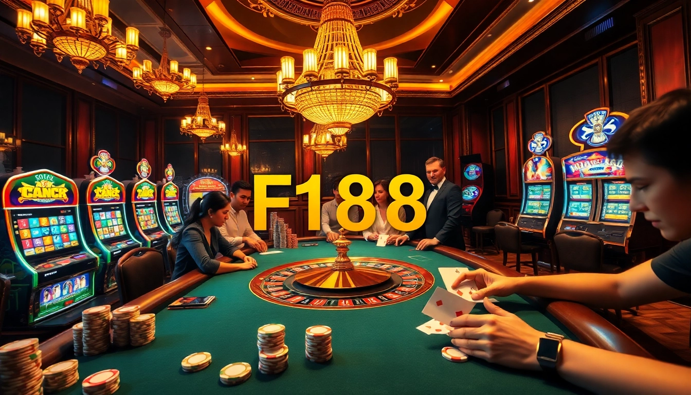 Experience the exhilaration of F168's casino with vibrant gaming tables, roulette wheels, and excited players.