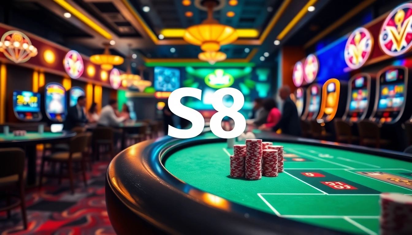 S8 casino scene featuring vibrant tables, poker chips, and excited gamblers in a luxury atmosphere