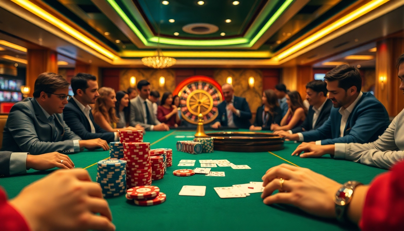 Players enjoying a thrilling poker game at https://kuwin1.club/ amidst vibrant casino lights and professional setups.