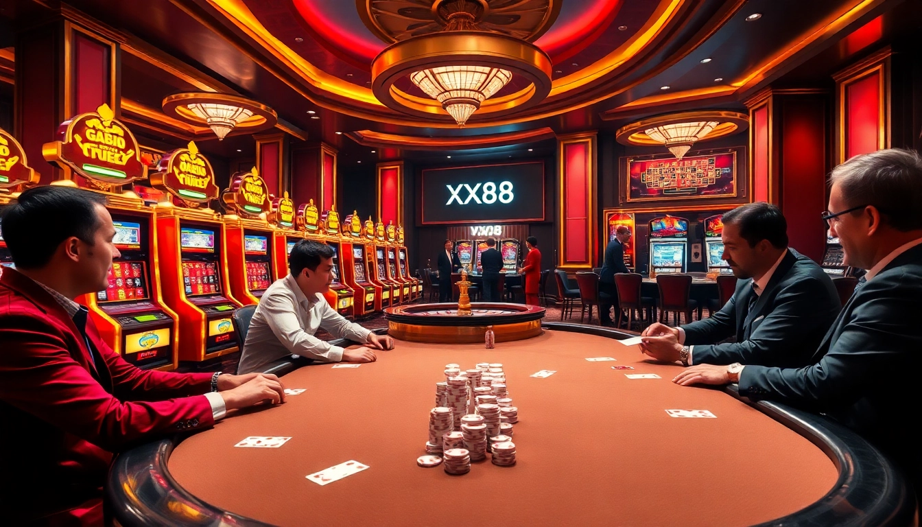 High-stakes poker action at XX88.directory with vibrant slot machines in a luxurious setting.