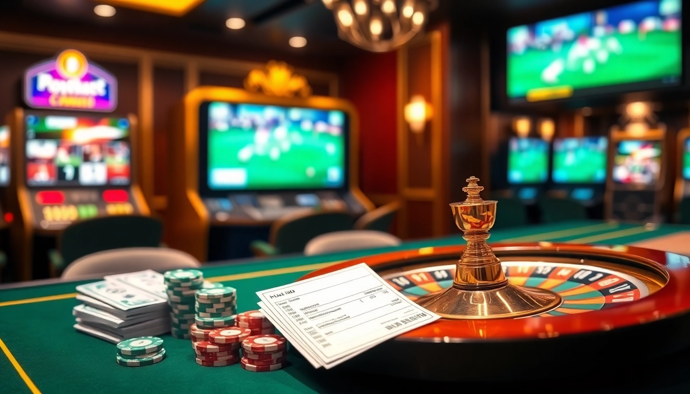 Betting slip for tỷ lệ bóng đá on a lavish casino gambling table with roulette and poker chips.