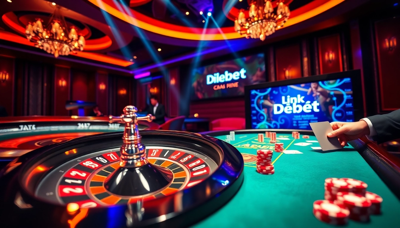 Engage with Link vào Debet at a luxury casino featuring dynamic gameplay on a roulette wheel and poker table.