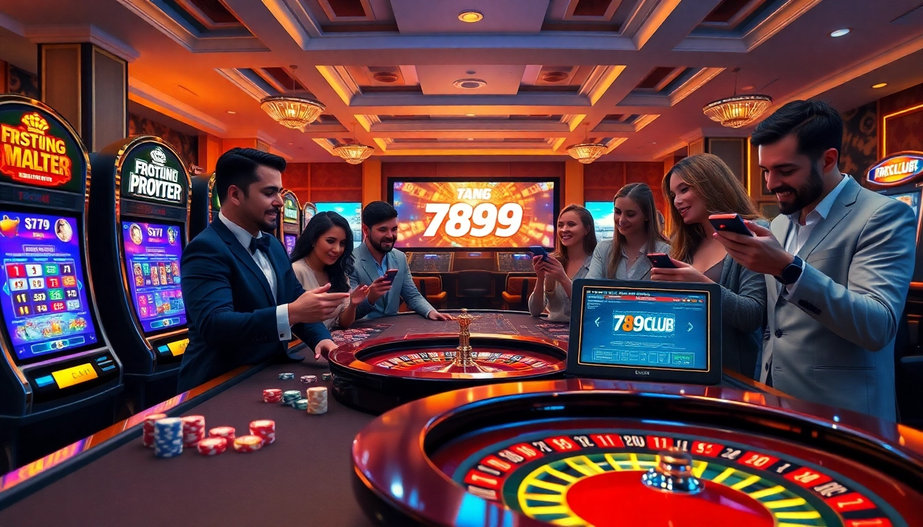 Engaging scene of online gambling on https://789club.quest/ with vibrant slot machines and players' excitement.