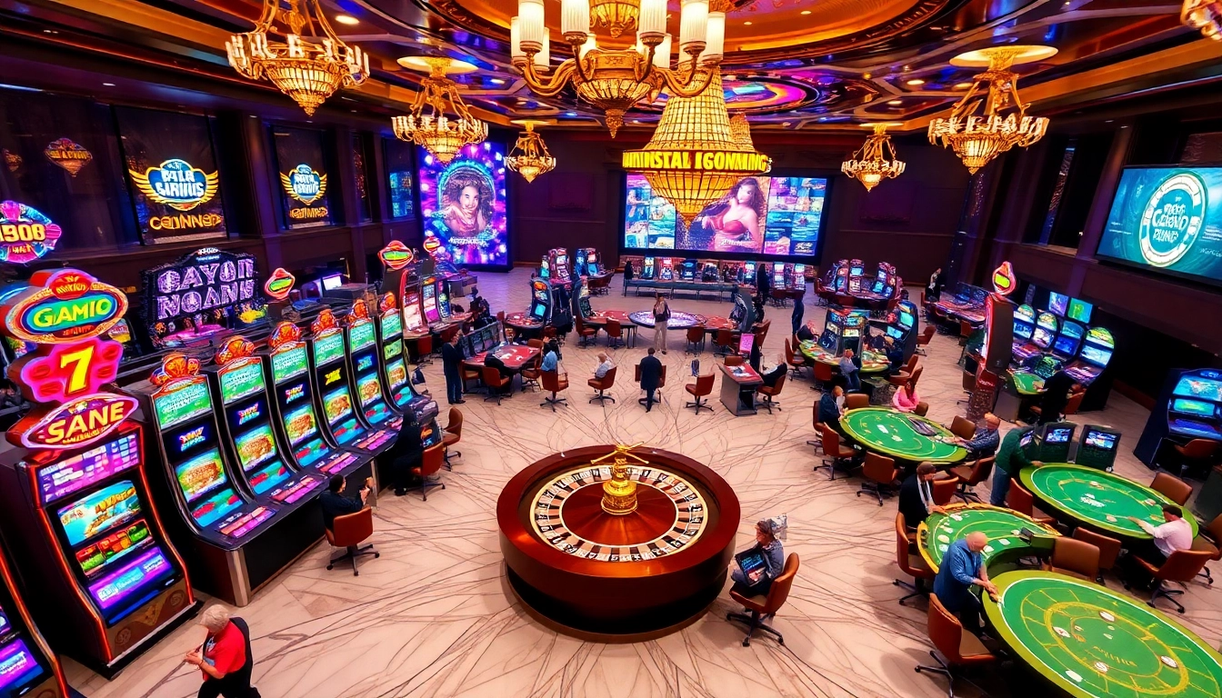 nk88 players engaging at vibrant casino tables with slot machines and roulette wheels.
