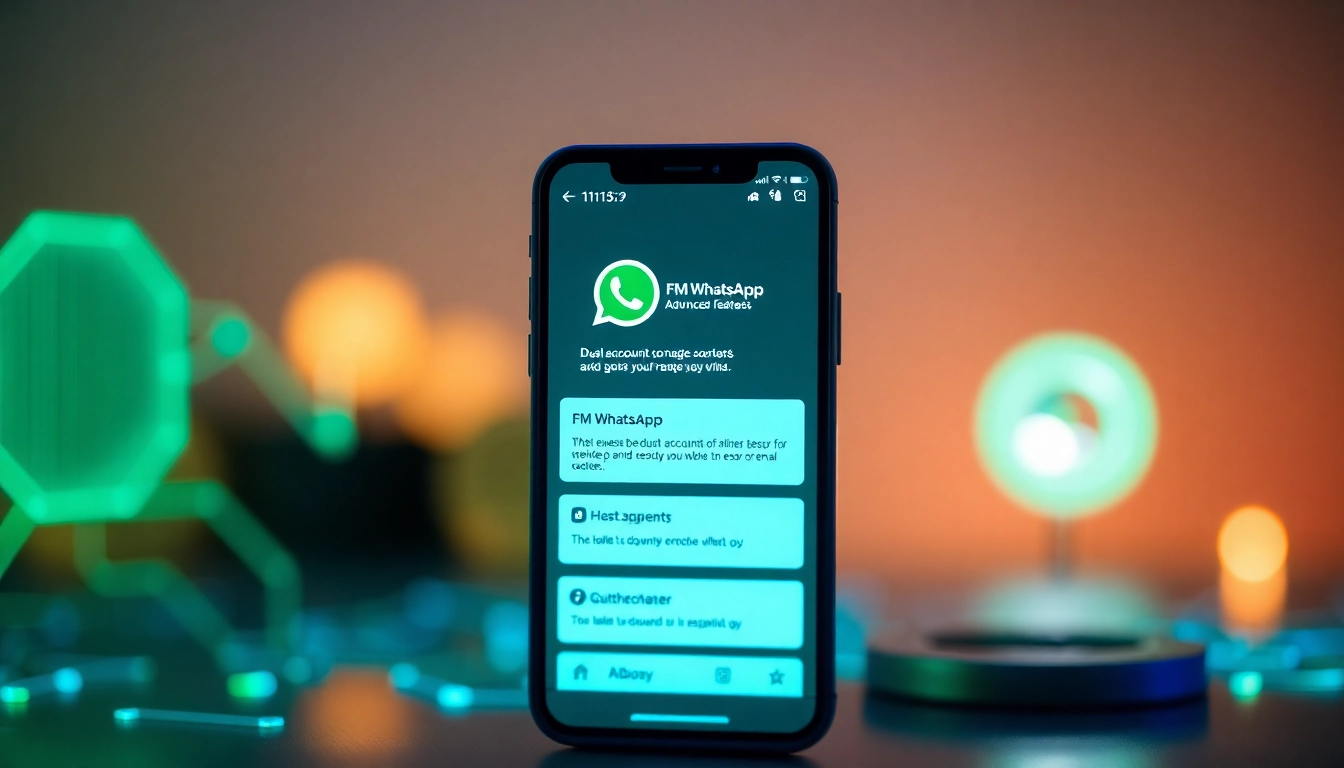 FM WhatsApp interface on a smartphone showcasing advanced features for enhanced messaging experience.