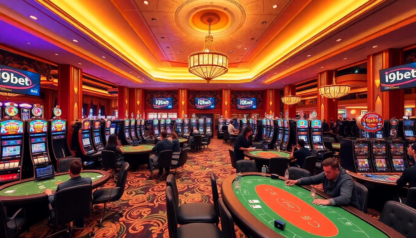 Experience dynamic gaming at i9bet's luxurious casino with lively players and elegant tables.