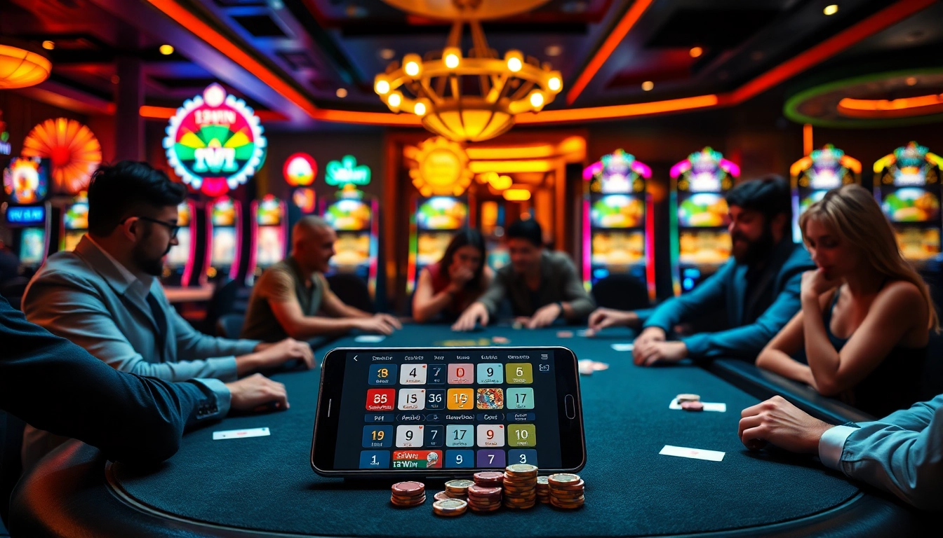 Experience the excitement of the 13Win app in a luxurious casino setting with players at a poker table.