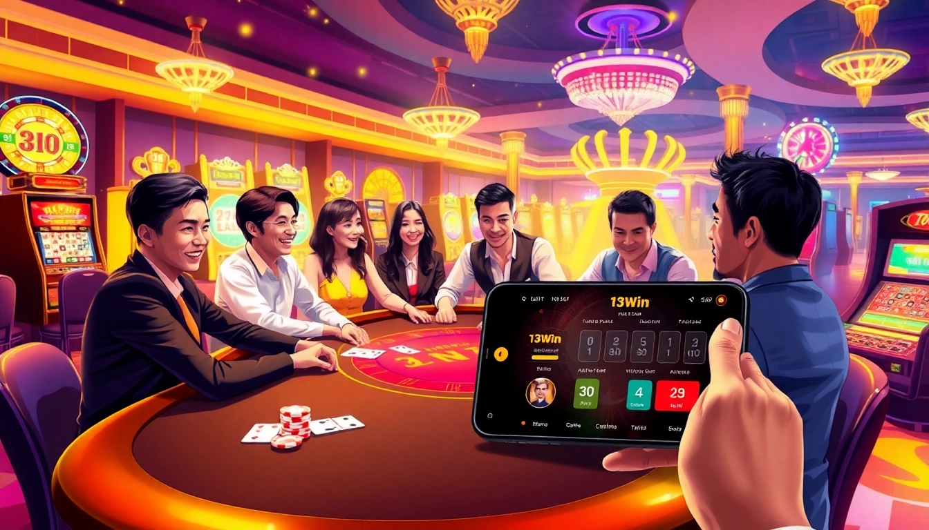 The 13Win app interface displayed among vibrant casino tables and players, showcasing digital and traditional gambling excitement.