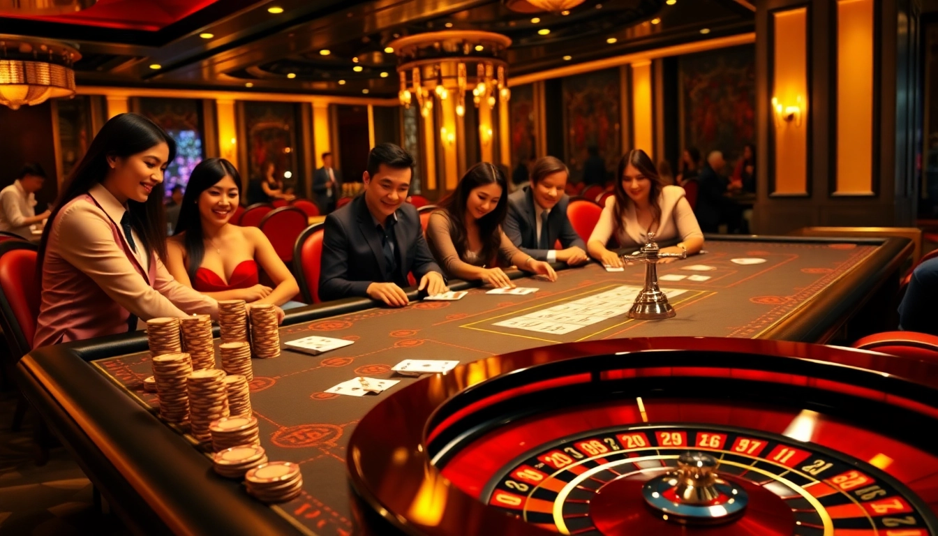 Exciting scene of players winning at a GO8-branded casino table with poker chips and cards.