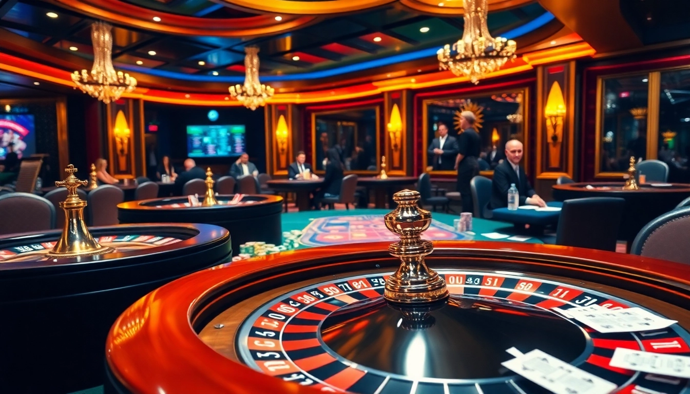 B52 gamblers engaged in intense poker and roulette action in a vibrant casino.