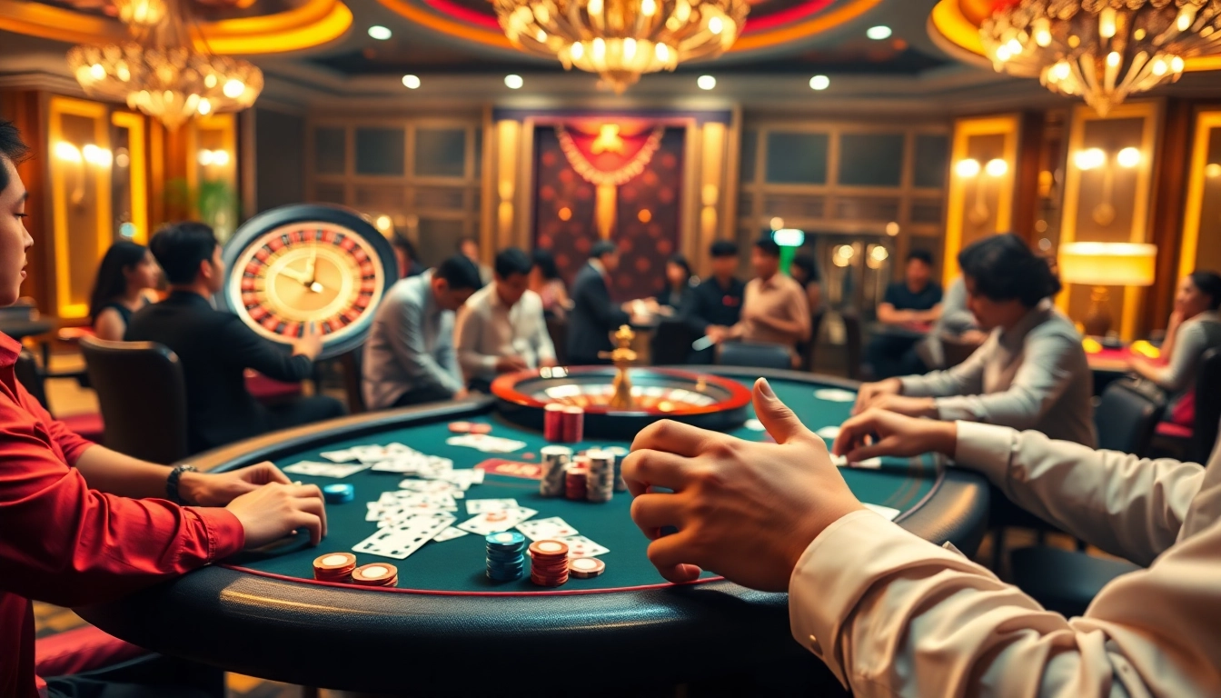 Engaged players at a poker table under warm lights showcasing Nhà Cái Uy Tín excitement.
