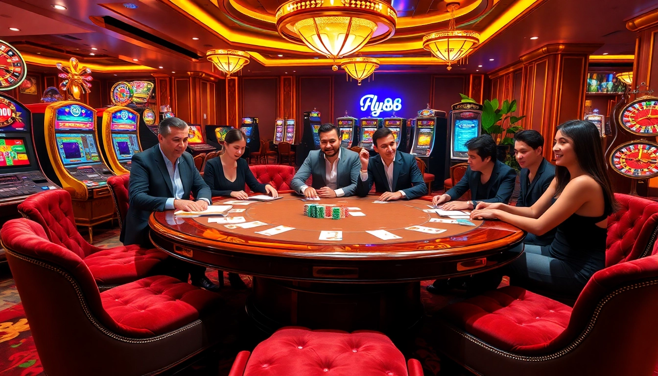 Players strategically placing bets at the fly88 poker table in a vibrant casino setting.