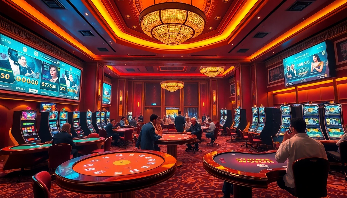Exciting sunwin online gaming scene showcasing players in a luxurious casino environment.