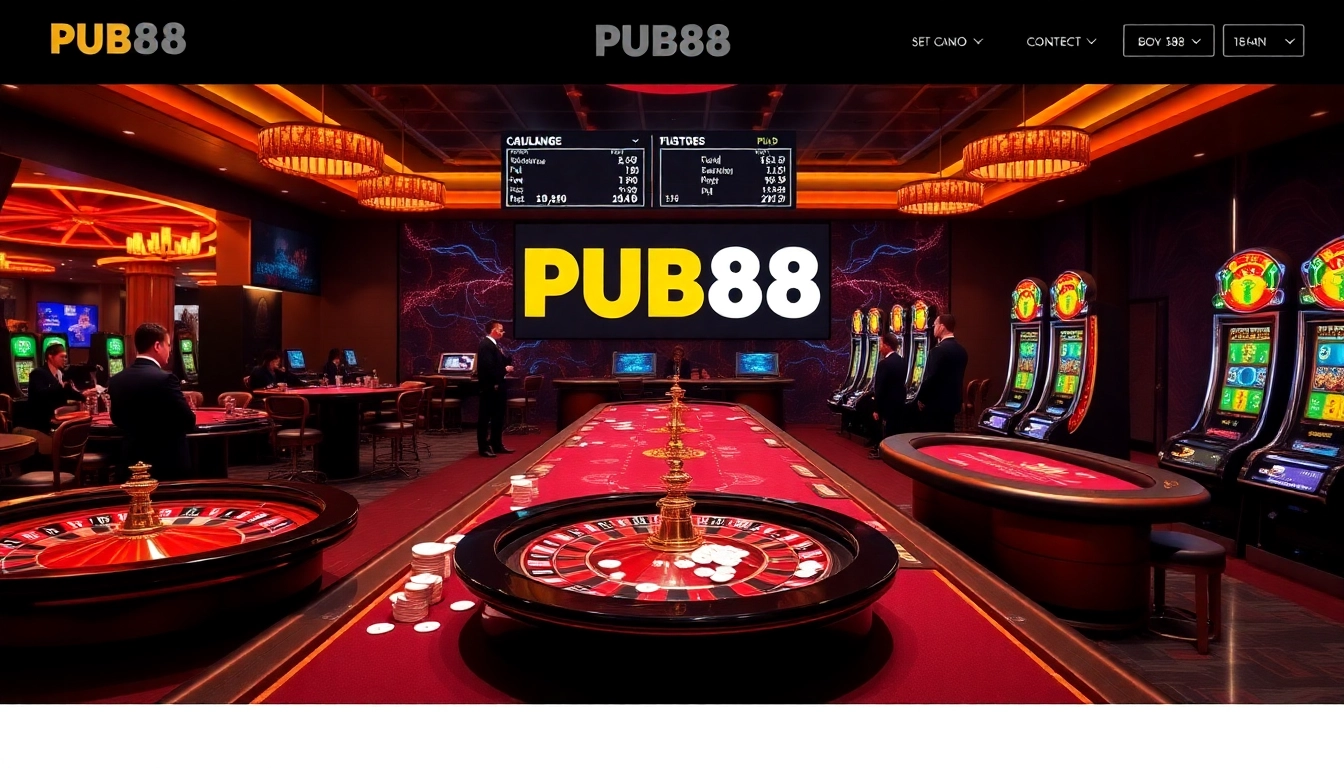 Experience the excitement at 'trang chủ pub88' with vibrant casino visuals of poker tables and roulette games.