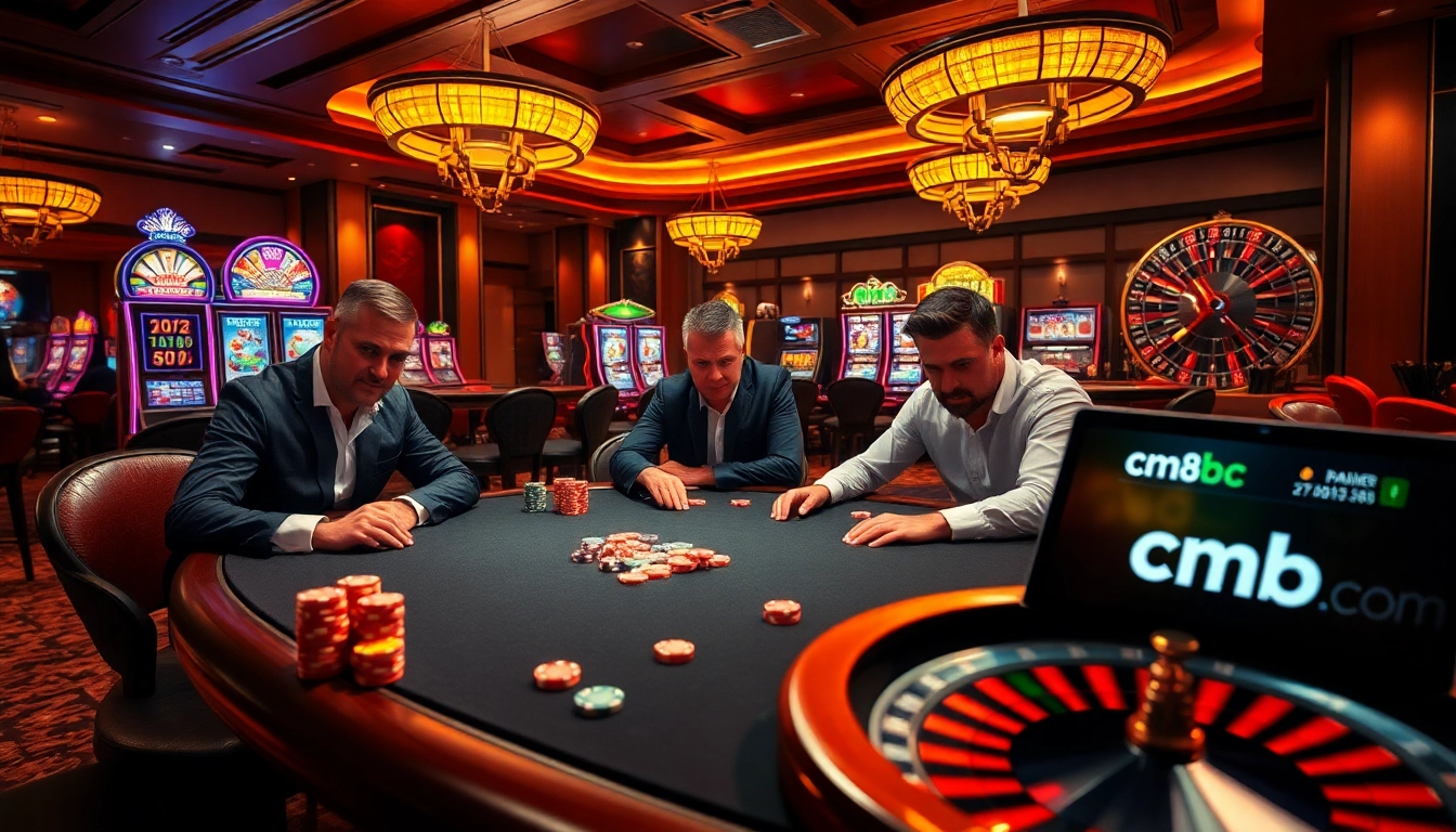 Players enjoying poker at cm88 com casino table, vibrant ambiance with exciting elements.