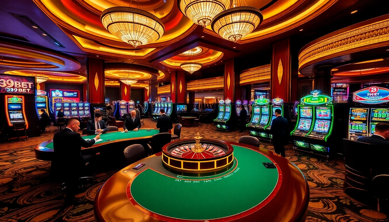39BET players engaging at a luxurious casino poker table amidst vibrant games.
