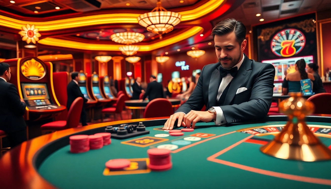 Engaging casino atmosphere at 8kbet with poker, roulette, and vibrant slot machines.