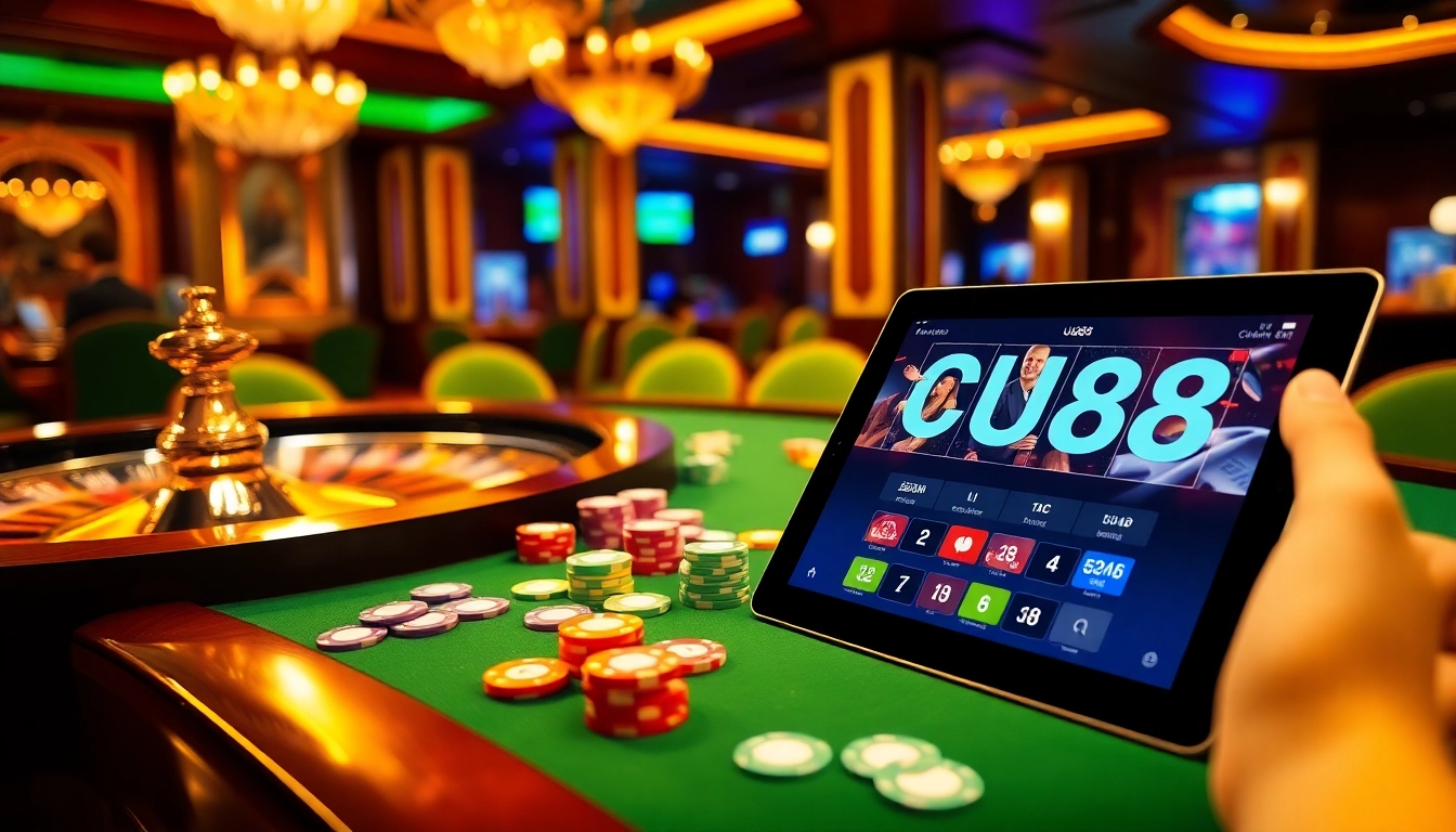 Experience uu88 gaming with vibrant casino elements including cards, chips, and a roulette wheel.