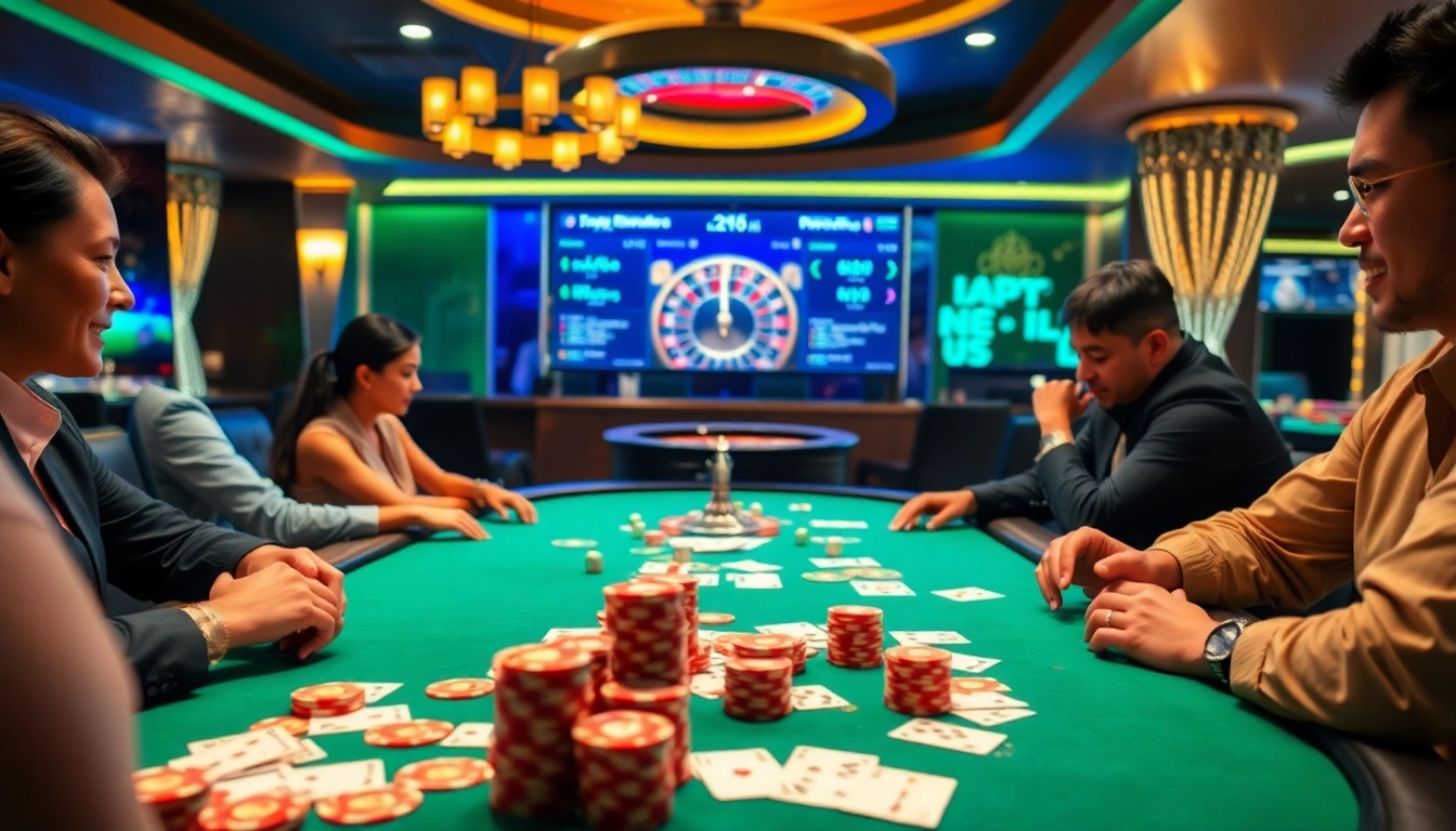 Engage in the exciting world of poker and gambling at nk88-zeno.top, featuring vibrant scenes of players and casino elements.