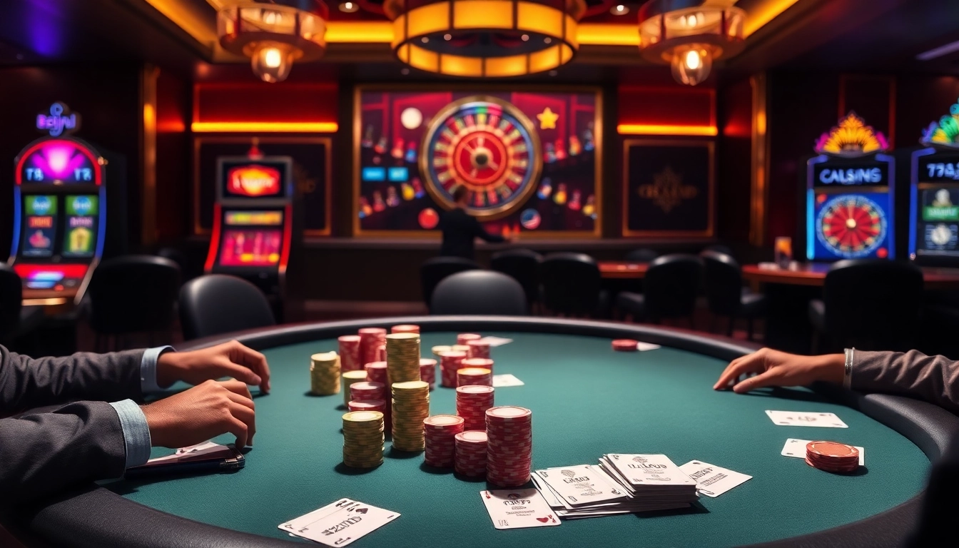 Engage in high-stakes poker action at 222bd casino, surrounded by vibrant chips and cards.