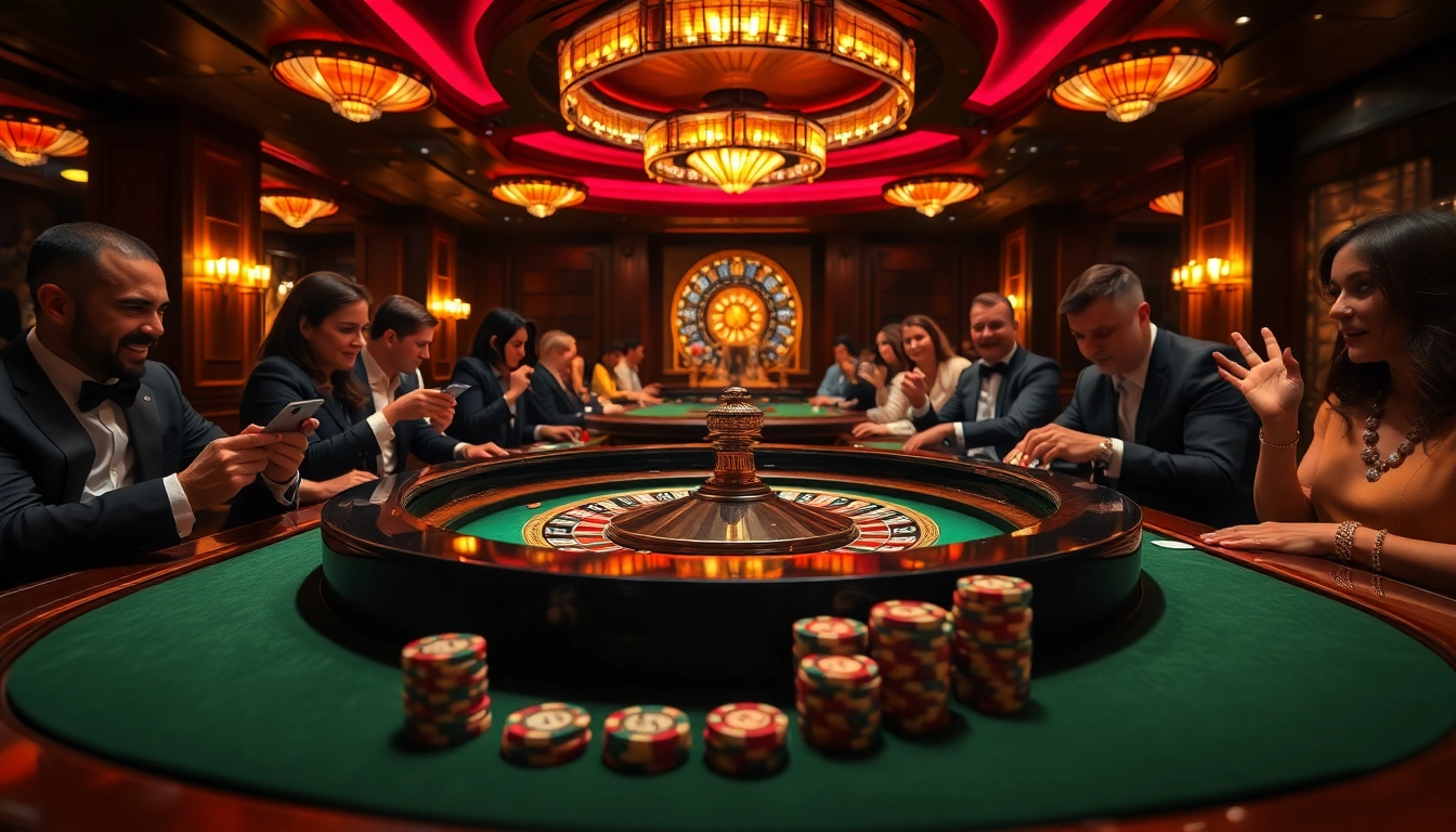 Players engaging in high-stakes action at the KK55 roulette table in a luxurious casino setting.