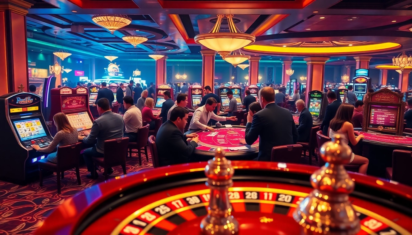 Players enjoying thrilling games at a casino while celebrating RIKVIP wins with colorful chips.