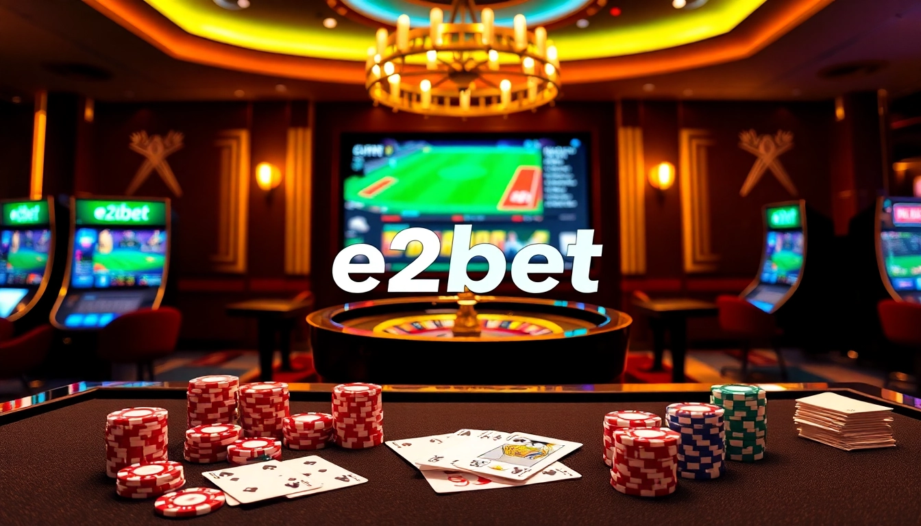 Experience the excitement of e2bet with vibrant casino visuals featuring poker chips, cards, and a roulette wheel.