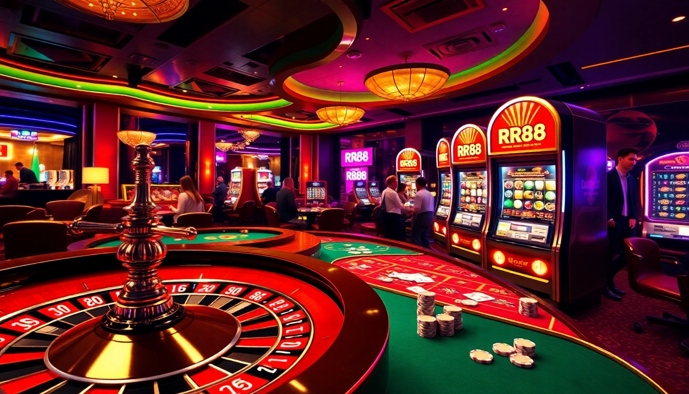Excited players enjoying casino games at RR88 with poker chips and roulette wheels.