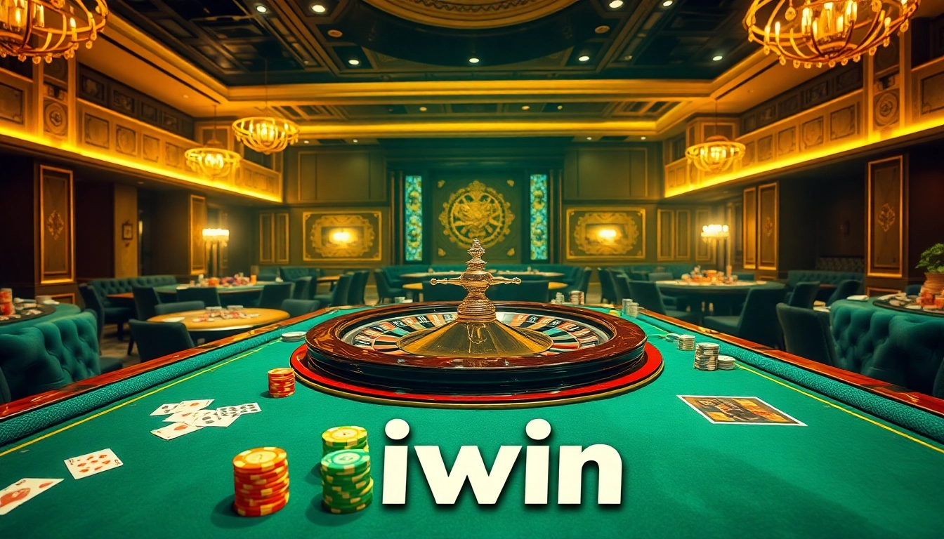 Experience the thrill of iwin with exciting casino tables, vibrant chips, and a spinning roulette wheel.