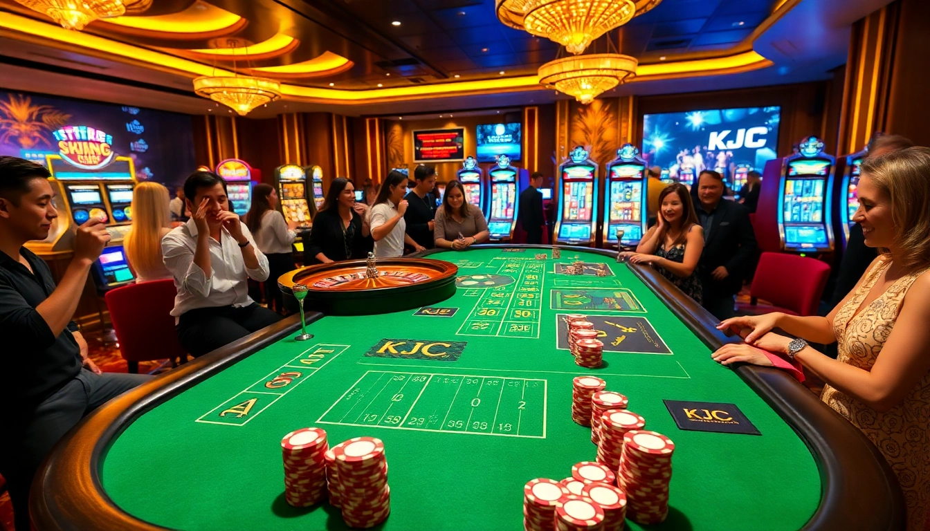 Experience thrilling gaming at KJC casino with stylish poker tables and vibrant slot machines.