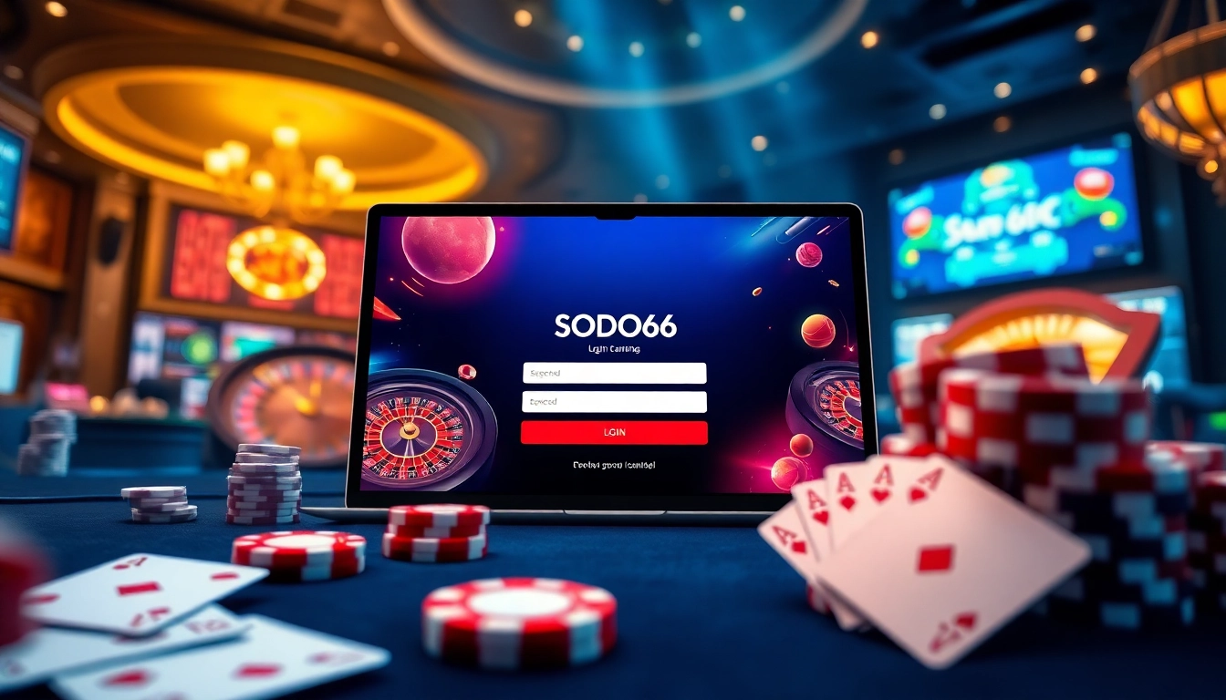 SODO66 đăng nhập interface featuring vibrant casino elements like chips and cards.