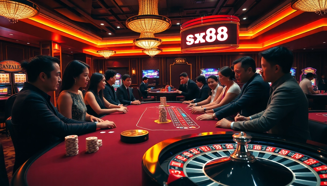 Experience luxury gaming at SX88 with professional dealers and vibrant casino elements.
