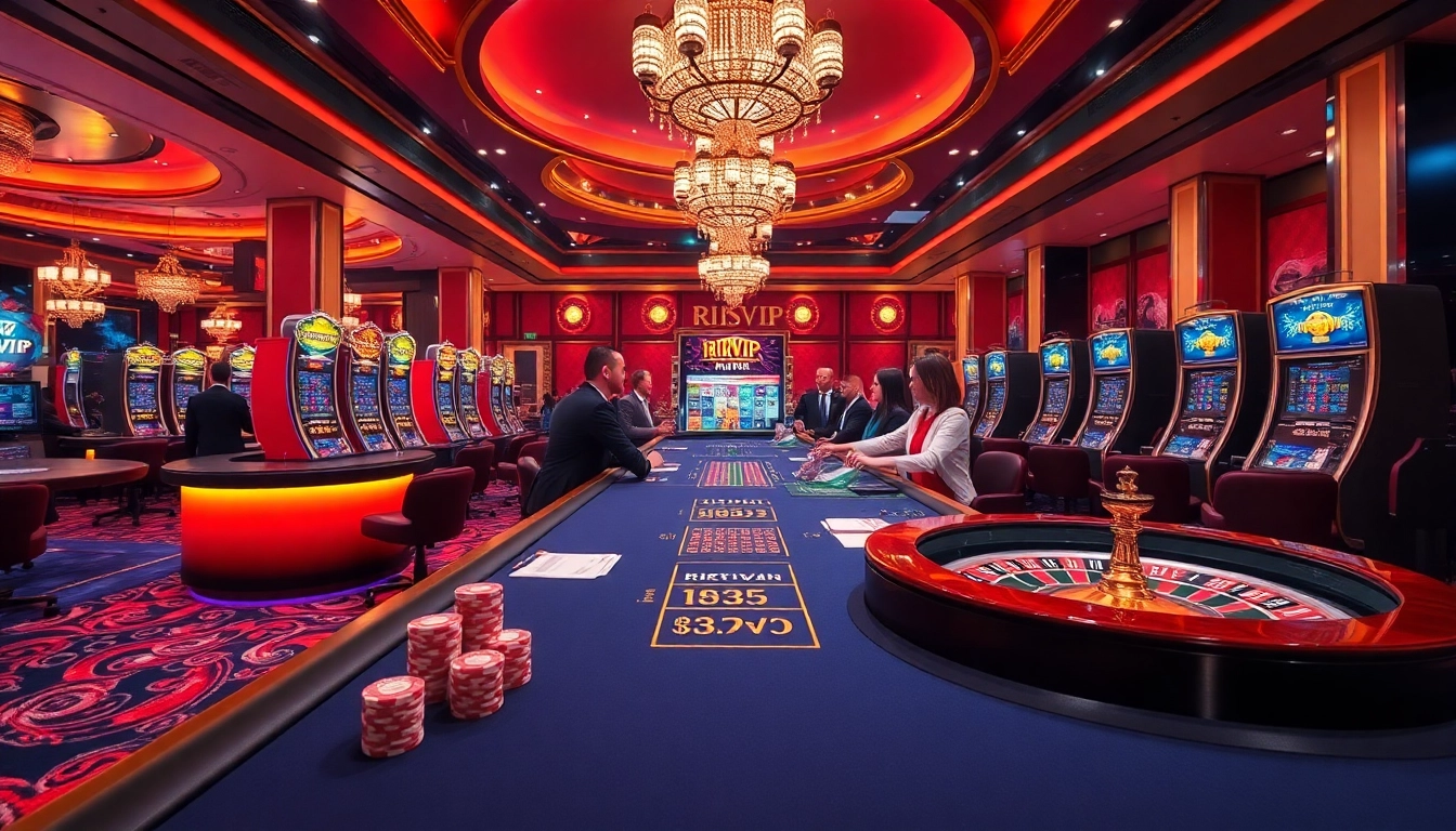Players enjoying a high-stakes game at RIKVIP casino with vibrant slots and tables.