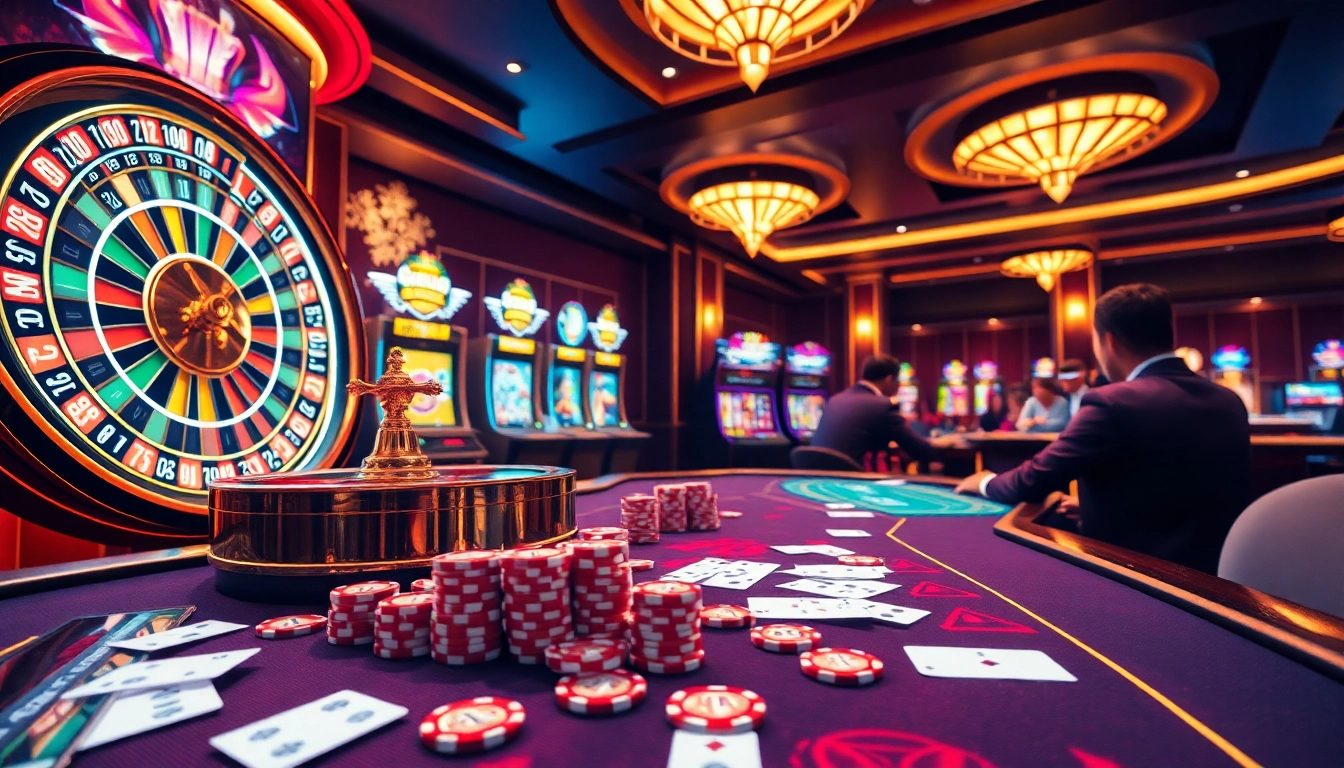 Engage in thrilling games at 8kbet com, featuring vibrant online casino elements with poker tables and slot machines.