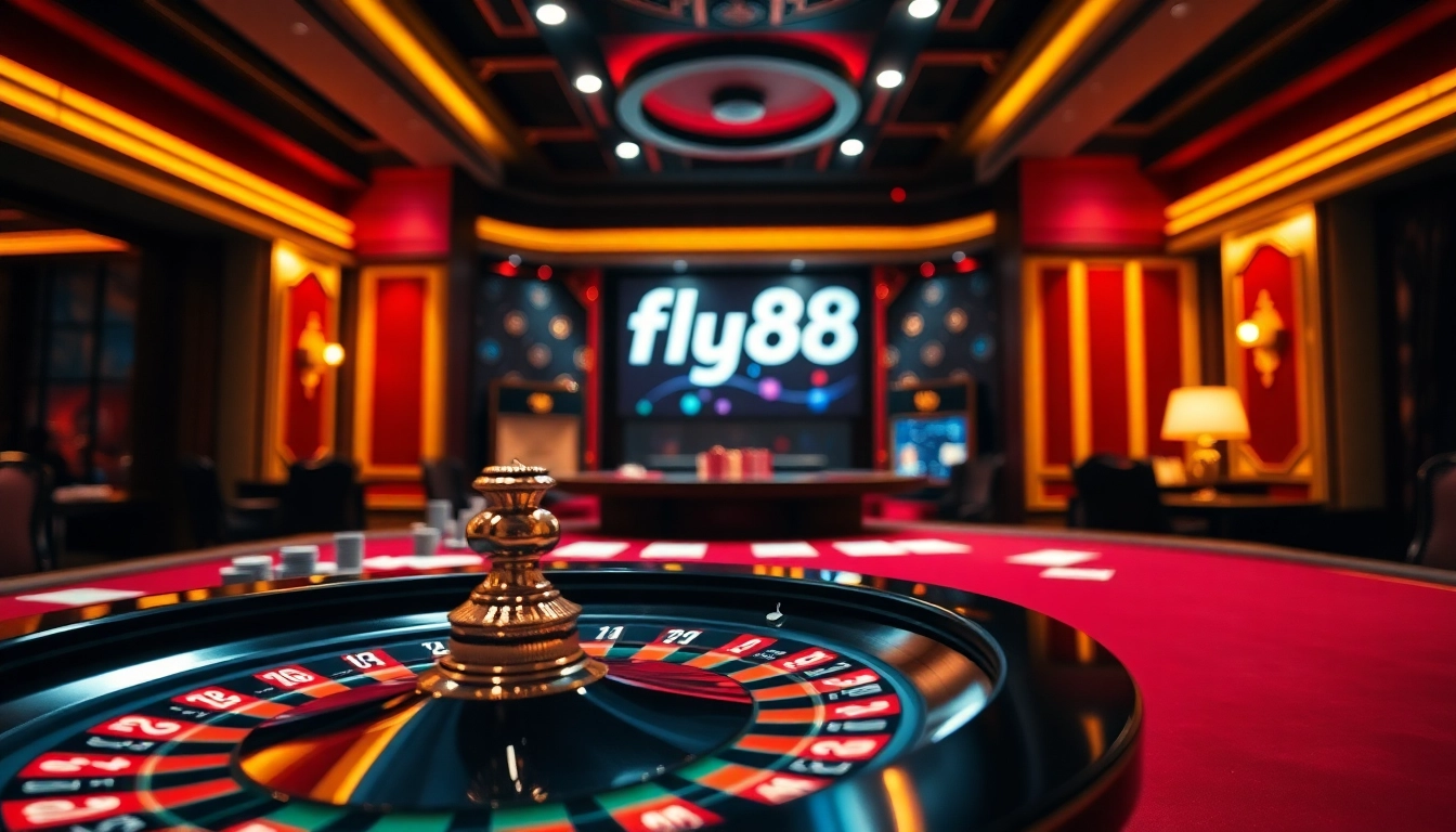 Experience the thrill of fly88 at a luxurious poker table with vibrant chips and cards.