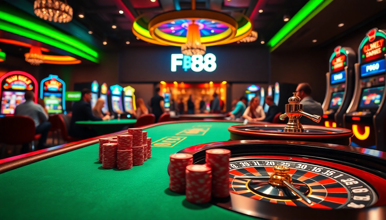 Experience the thrill of Fb88 with an upscale casino scene featuring poker tables and vibrant slot machines.
