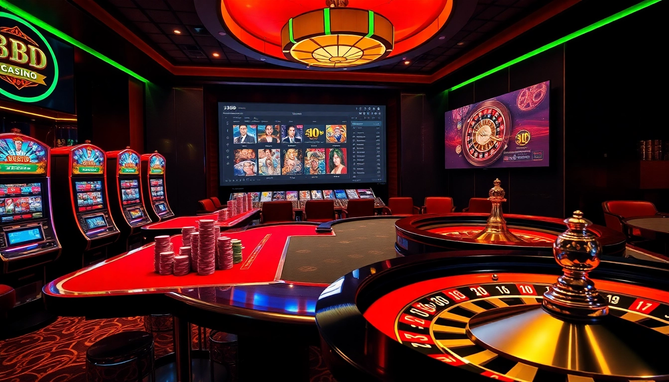 A captivating online casino scene showcasing gaming excitement at https://cair33bdg.com/ with poker tables, slot machines, and a roulette wheel.