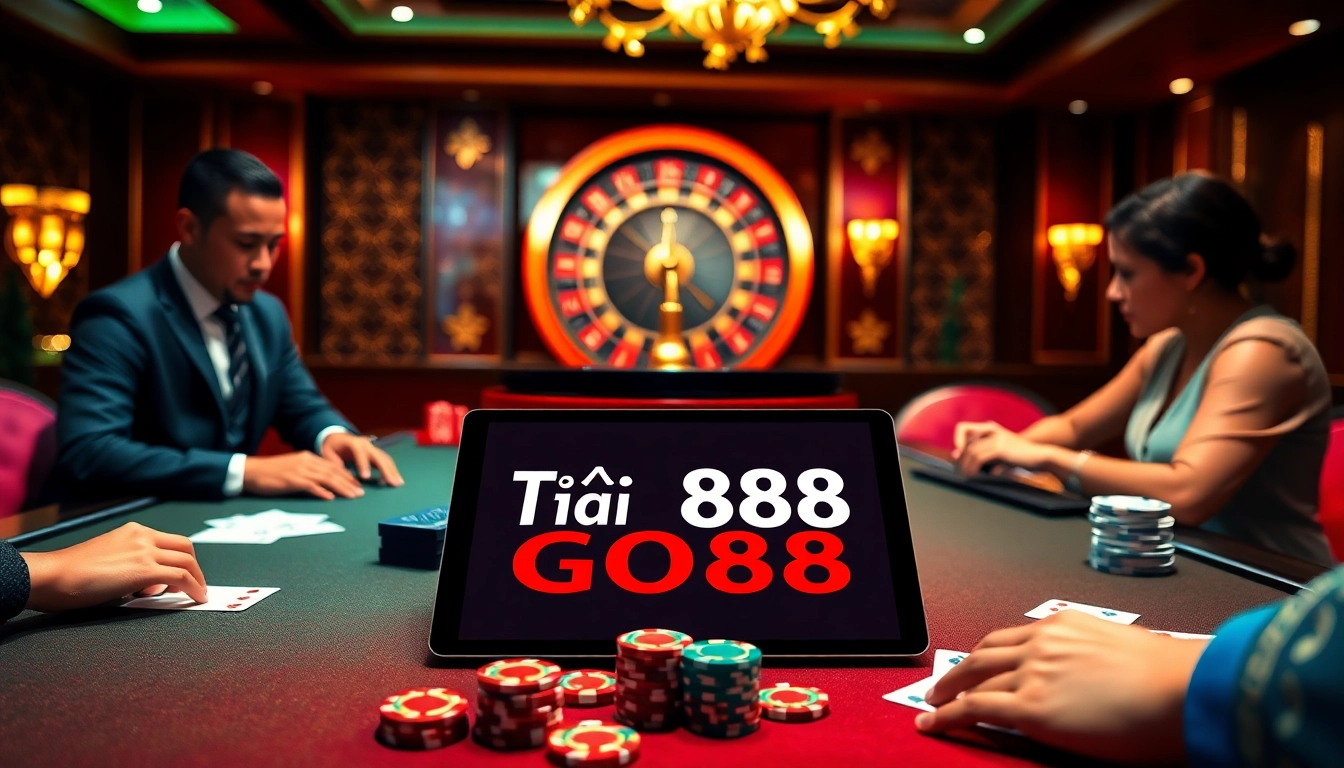 Tải GO88 digital interface prominently displayed on a luxury casino table with poker chips.