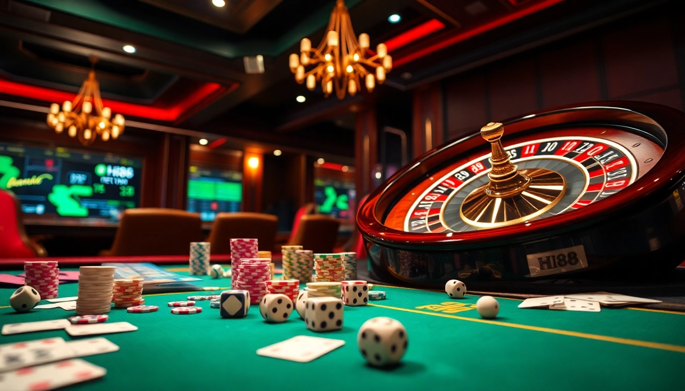 Hi88 gamers enjoying a thrilling online casino experience with vibrant poker chips and virtual betting interface.