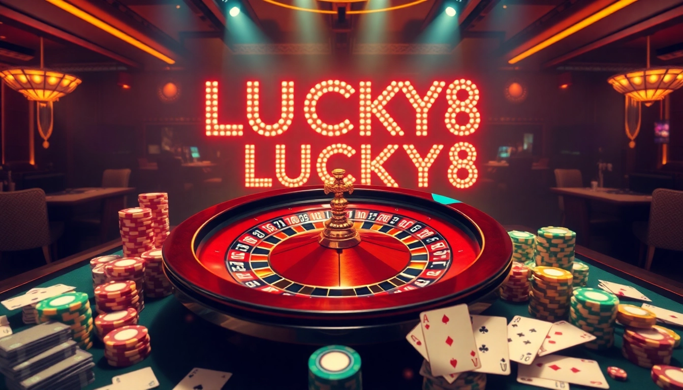 Trải nghiệm cảm giác hồi hộp của casino LUCK8 và LUCKY8 với bàn roulette sặc sỡ và các đồng chip poker đầy màu sắc.