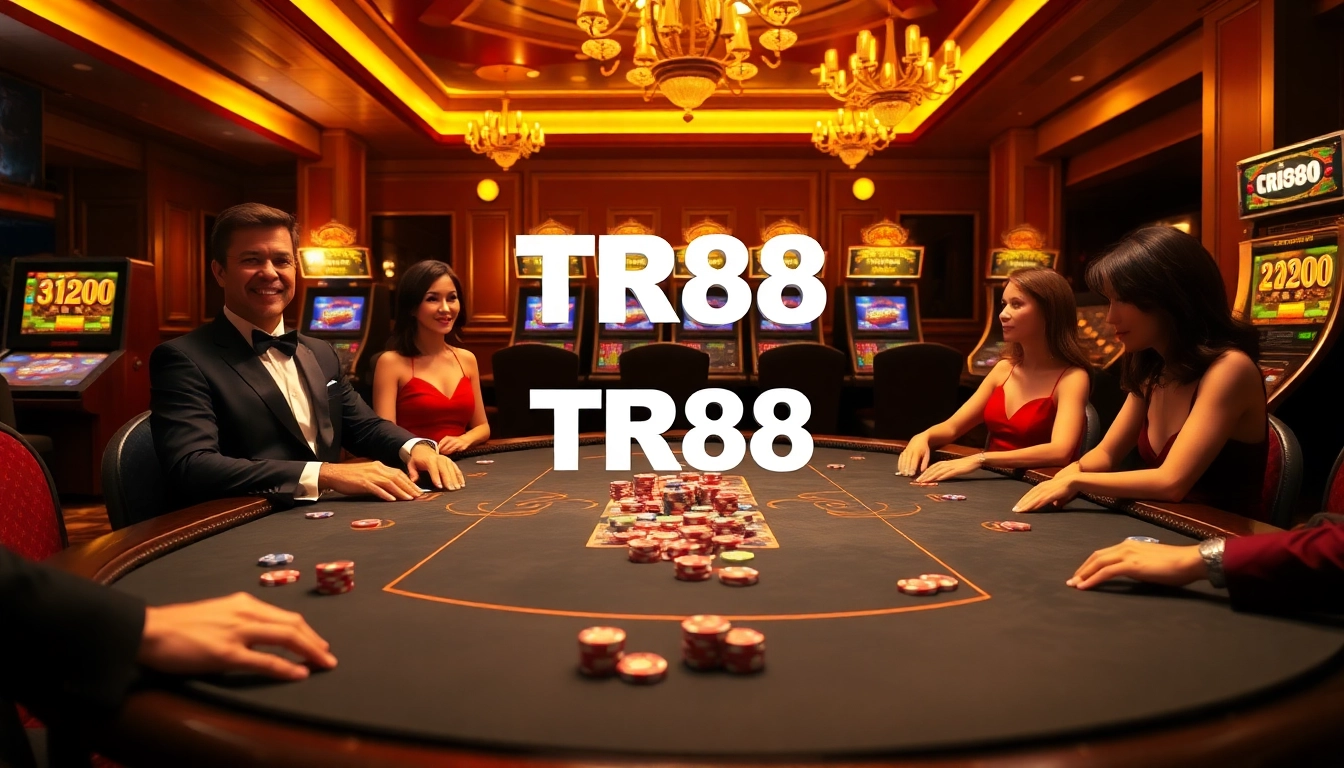 Experience the excitement of TR88 gaming, showcasing vibrant poker tables and slot machines.