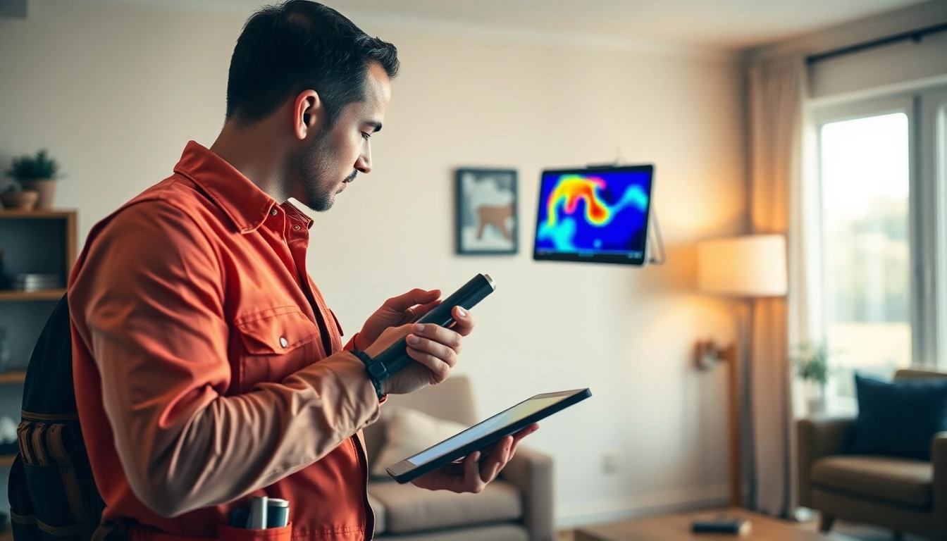 Central heating leak detection technician using thermal imaging to identify issues in a home.
