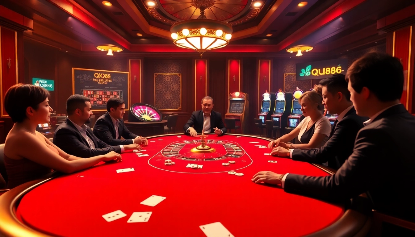 Engaging scene of poker players at QQ88 casino table highlighting excitement and luxury.