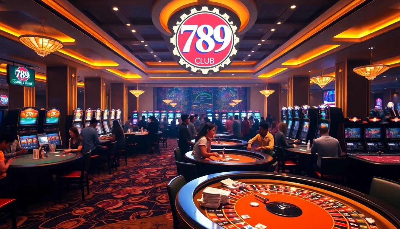 Experience the excitement of 789 club with vibrant casino tables, chips, and slot machines.