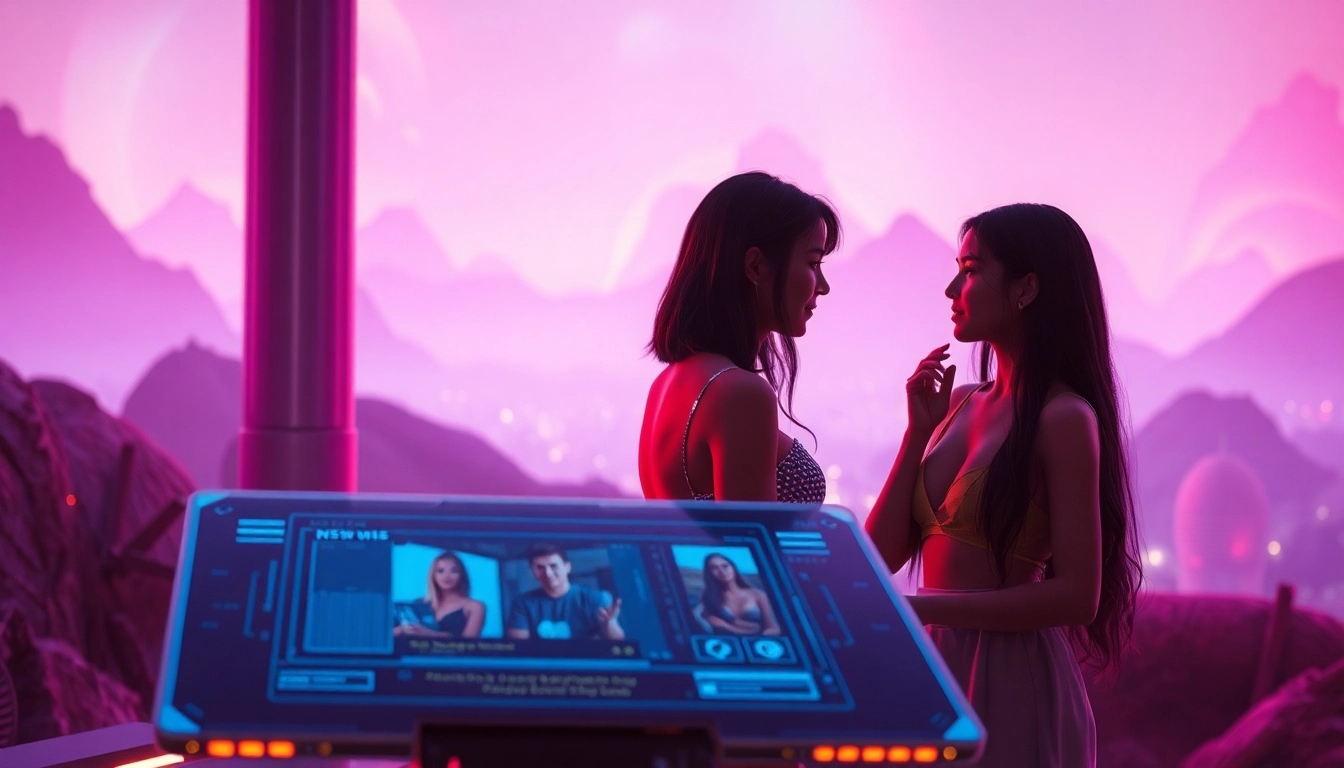 Explore the vibrant world of AI NSFW character interactions in a futuristic digital landscape.