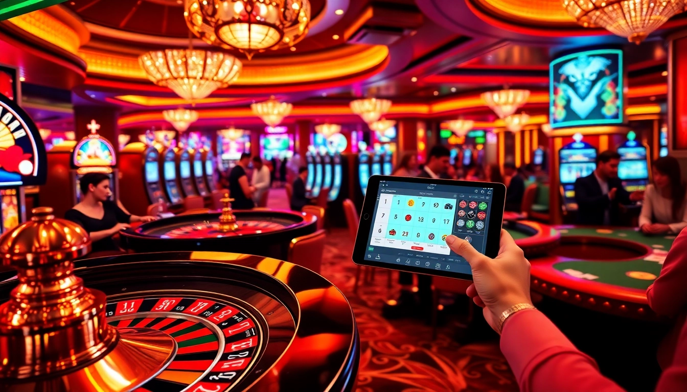 Excitement at the casino with players enjoying games at http://hrnikd.sa.com, surrounded by vibrant roulette wheels and slot machines.