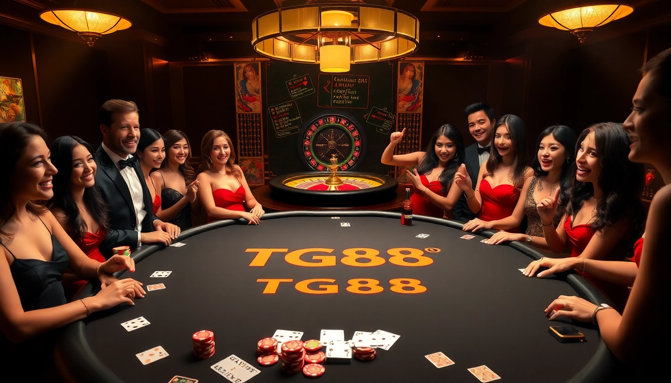 Players gamble at the luxurious TG88 poker table with vibrant cards and chips.